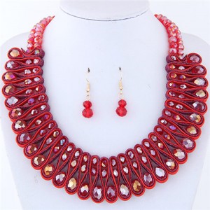 Crystal and Beads Silk Ribbon Weaving Pattern Elegant Fashion Costume Necklace and Earrings Set - Red