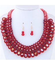 Crystal and Beads Silk Ribbon Weaving Pattern Elegant Fashion Costume Necklace and Earrings Set - Red