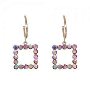 Simple Classic Design Rhinestone Inlaid Square Pendant Dangle Earrings - Pink