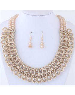 Crystal and Beads Silk Ribbon Weaving Pattern Elegant Fashion Costume Necklace and Earrings Set - Champagne