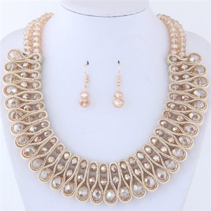 Crystal and Beads Silk Ribbon Weaving Pattern Elegant Fashion Costume Necklace and Earrings Set - Champagne
