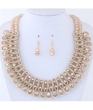 Crystal and Beads Silk Ribbon Weaving Pattern Elegant Fashion Costume Necklace and Earrings Set - Champagne