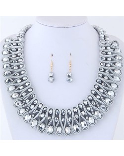 Crystal and Beads Silk Ribbon Weaving Pattern Elegant Fashion Costume Necklace and Earrings Set - Silver