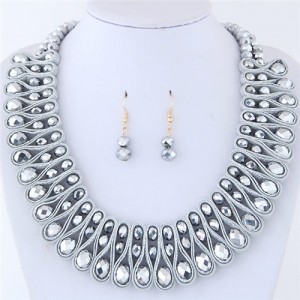 Crystal and Beads Silk Ribbon Weaving Pattern Elegant Fashion Costume Necklace and Earrings Set - Silver