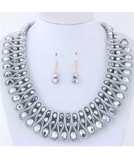 Crystal and Beads Silk Ribbon Weaving Pattern Elegant Fashion Costume Necklace and Earrings Set - Silver