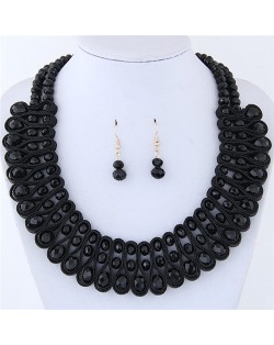 Crystal and Beads Silk Ribbon Weaving Pattern Elegant Fashion Costume Necklace and Earrings Set - Black