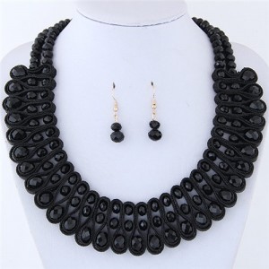 Crystal and Beads Silk Ribbon Weaving Pattern Elegant Fashion Costume Necklace and Earrings Set - Black