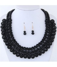 Crystal and Beads Silk Ribbon Weaving Pattern Elegant Fashion Costume Necklace and Earrings Set - Black