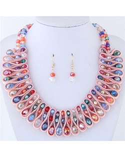 Crystal and Beads Silk Ribbon Weaving Pattern Elegant Fashion Costume Necklace and Earrings Set - Multicolor