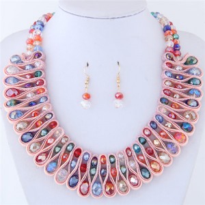 Crystal and Beads Silk Ribbon Weaving Pattern Elegant Fashion Costume Necklace and Earrings Set - Multicolor
