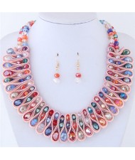 Crystal and Beads Silk Ribbon Weaving Pattern Elegant Fashion Costume Necklace and Earrings Set - Multicolor