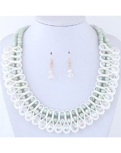 Crystal and Beads Silk Ribbon Weaving Pattern Elegant Fashion Costume Necklace and Earrings Set - Shining White