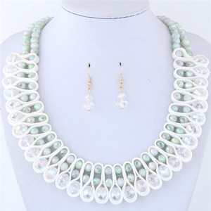 Crystal and Beads Silk Ribbon Weaving Pattern Elegant Fashion Costume Necklace and Earrings Set - Shining White