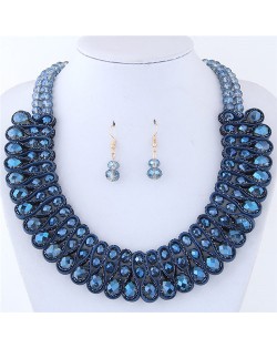 Crystal and Beads Silk Ribbon Weaving Pattern Elegant Fashion Costume Necklace and Earrings Set - Dark Blue