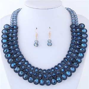 Crystal and Beads Silk Ribbon Weaving Pattern Elegant Fashion Costume Necklace and Earrings Set - Dark Blue