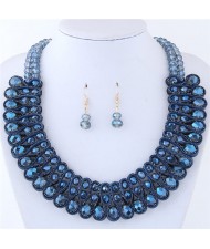 Crystal and Beads Silk Ribbon Weaving Pattern Elegant Fashion Costume Necklace and Earrings Set - Dark Blue