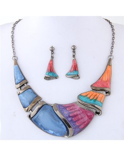 Abastract Feather Inspired Painting Oil Spot Glazed Arch Pendant Statement Necklace and Earrings Set - Blue