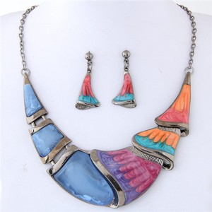 Abastract Feather Inspired Painting Oil Spot Glazed Arch Pendant Statement Necklace and Earrings Set - Blue