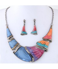 Abastract Feather Inspired Painting Oil Spot Glazed Arch Pendant Statement Necklace and Earrings Set - Blue