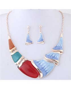 Abastract Feather Inspired Painting Oil Spot Glazed Arch Pendant Statement Necklace and Earrings Set - Red