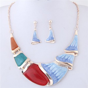 Abastract Feather Inspired Painting Oil Spot Glazed Arch Pendant Statement Necklace and Earrings Set - Red