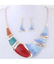 Abastract Feather Inspired Painting Oil Spot Glazed Arch Pendant Statement Necklace and Earrings Set - Red
