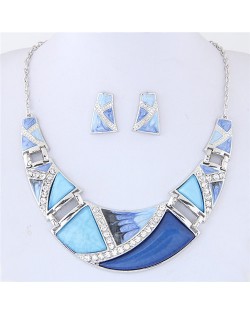 Rhinestone Inlaid Oil Spot Glazed Split Joint Fashion Statement Necklace and Earrings Set - Blue