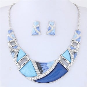 Rhinestone Inlaid Oil Spot Glazed Split Joint Fashion Statement Necklace and Earrings Set - Blue