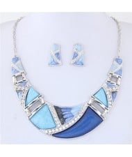 Rhinestone Inlaid Oil Spot Glazed Split Joint Fashion Statement Necklace and Earrings Set - Blue