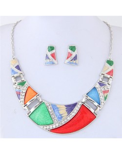 Rhinestone Inlaid Oil Spot Glazed Split Joint Fashion Statement Necklace and Earrings Set - Multicolor