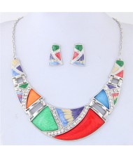Rhinestone Inlaid Oil Spot Glazed Split Joint Fashion Statement Necklace and Earrings Set - Multicolor