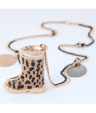 Rhinestone Inlaid Leopard Prints Boot Pendant Long Fashion Necklace