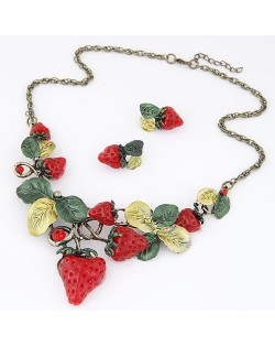 Strawberry Theme High Fashion Statement Necklace and Earrings Set