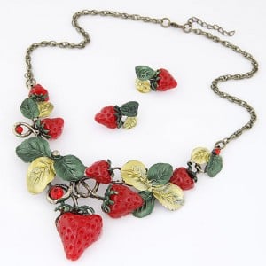Strawberry Theme High Fashion Statement Necklace and Earrings Set