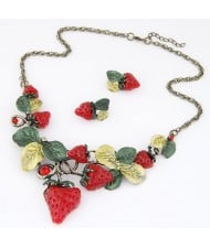 Strawberry Theme High Fashion Statement Necklace and Earrings Set