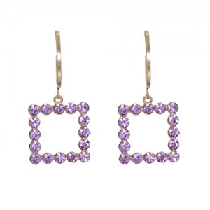 Simple Classic Design Rhinestone Inlaid Square Pendant Dangle Earrings - Violet