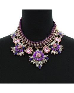 Acrylic Gem Dimensional Flowers with Rope Weaving Zinc Alloy Fashion Statement Necklace - Purple