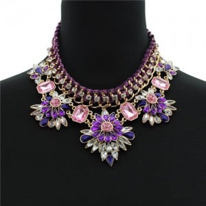 Acrylic Gem Dimensional Flowers with Rope Weaving Zinc Alloy Fashion Statement Necklace - Purple