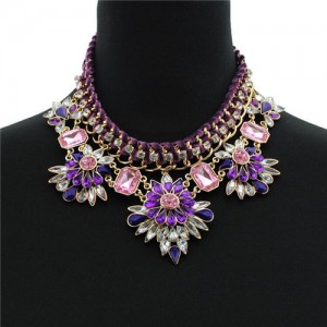 Acrylic Gem Dimensional Flowers with Rope Weaving Zinc Alloy Fashion Statement Necklace - Purple