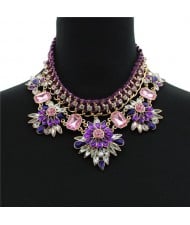 Acrylic Gem Dimensional Flowers with Rope Weaving Zinc Alloy Fashion Statement Necklace - Purple