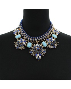 Acrylic Gem Dimensional Flowers with Rope Weaving Zinc Alloy Fashion Statement Necklace - Sky Blue