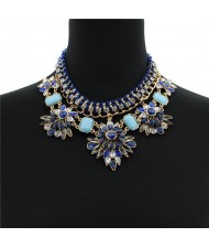 Acrylic Gem Dimensional Flowers with Rope Weaving Zinc Alloy Fashion Statement Necklace - Sky Blue