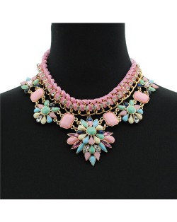 Acrylic Gem Dimensional Flowers with Rope Weaving Zinc Alloy Fashion Statement Necklace - Pink