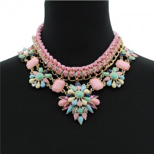 Acrylic Gem Dimensional Flowers with Rope Weaving Zinc Alloy Fashion Statement Necklace - Pink
