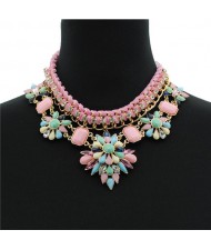 Acrylic Gem Dimensional Flowers with Rope Weaving Zinc Alloy Fashion Statement Necklace - Pink