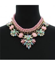Acrylic Gem Dimensional Flowers with Rope Weaving Zinc Alloy Fashion Statement Necklace - Pink