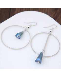 Crystal Waterdrop Decorated Hoop Fashion Asymmetric Earrings - Blue