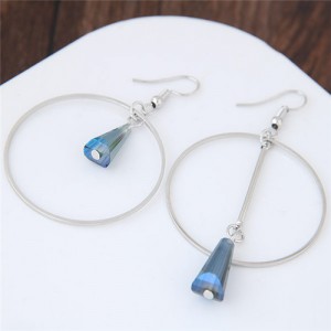 Crystal Waterdrop Decorated Hoop Fashion Asymmetric Earrings - Blue