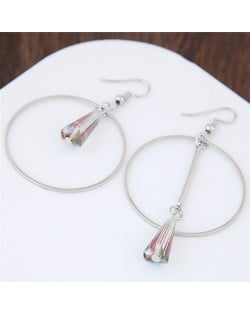 Crystal Waterdrop Decorated Hoop Fashion Asymmetric Earrings - Luminous White
