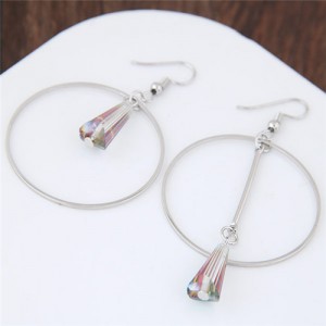 Crystal Waterdrop Decorated Hoop Fashion Asymmetric Earrings - Luminous White